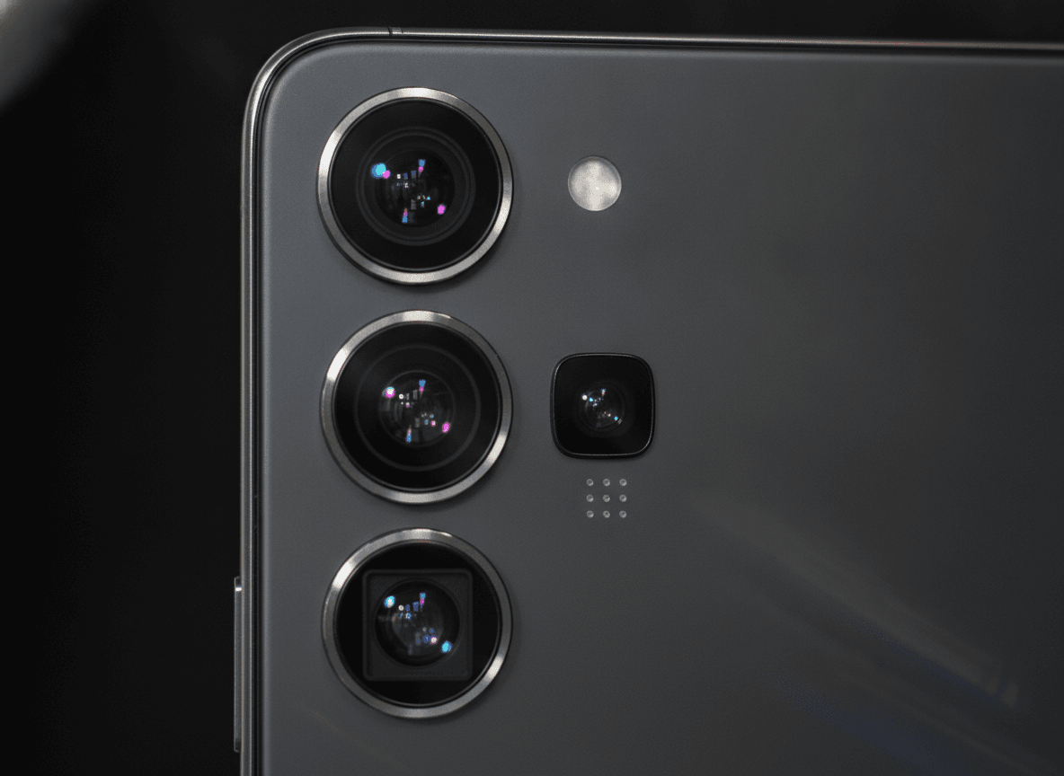 Die Kamera als zentraler iPhone Unterschied: Nahaufnahme des fortschrittlichen Drei-Linsen-Kamerasystems eines Pro-Modells.