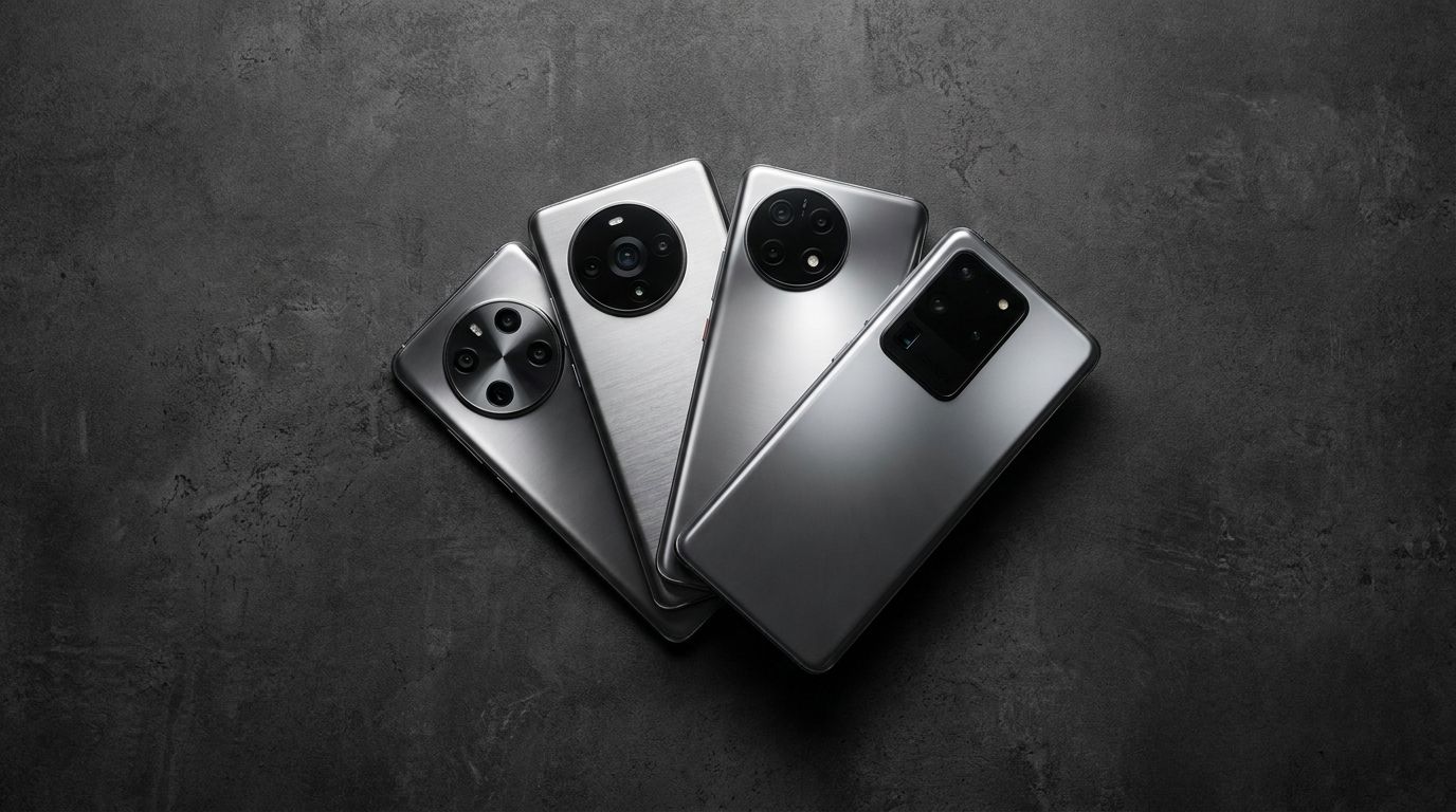 Direkter Vergleich der iPhone Unterschiede: Eine elegante Darstellung von vier Modellen, die Unterschiede bei Kamera und Material hervorhebt.
