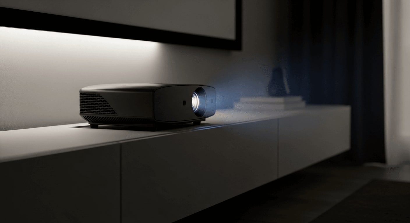 Kompakter Laser-TV Projektor auf einem Lowboard unter einer riesigen Heimkino-Leinwand im dunklen Wohnzimmer.