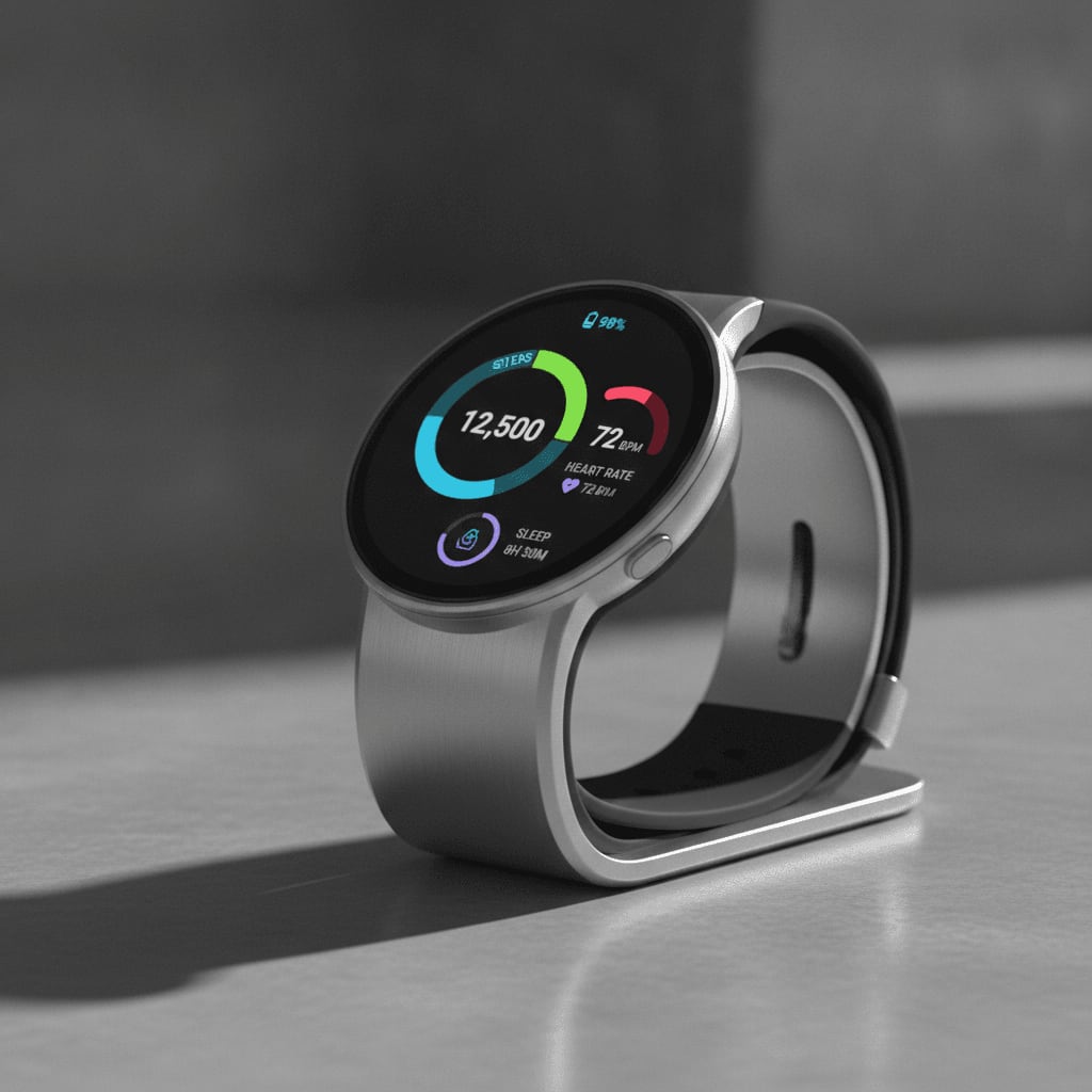 Smartwatch mit rundem LTPO-Display, das ein farbenfrohes Ziffernblatt mit Fitness-Daten zeigt und die Akkueffizienz unterstreicht.
