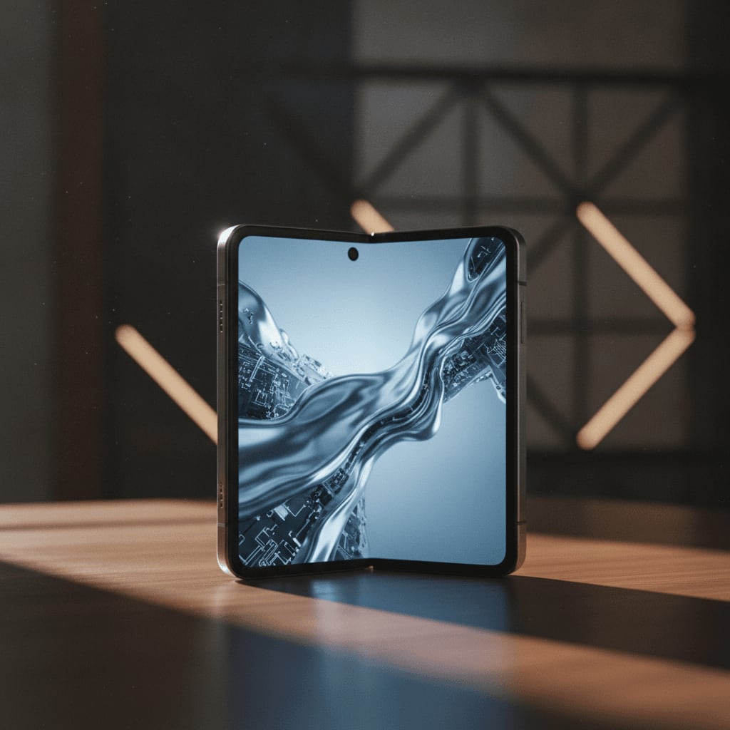 Aufgeklapptes faltbares Smartphone, dessen flexibles LTPO-Display ein Video abspielt und die Vielseitigkeit der Technik zeigt.