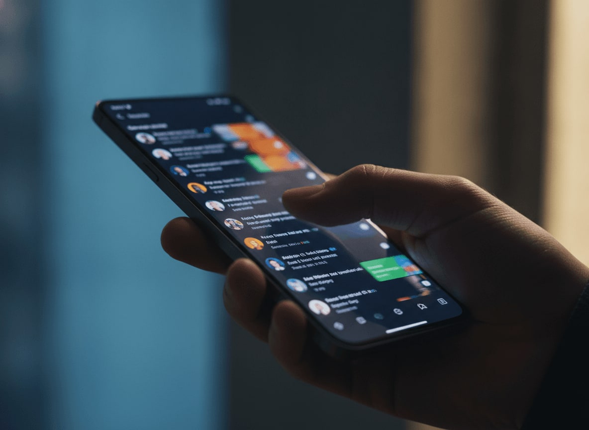 Hand hält ein Smartphone mit hellem LTPO-Display, das eine flüssig scrollende Benutzeroberfläche zeigt und die visuelle Qualität betont.