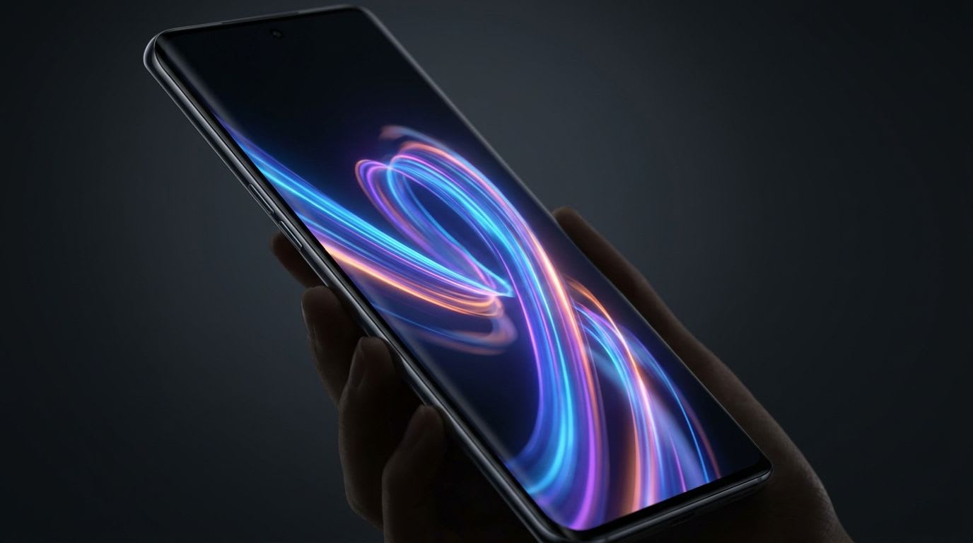 Nahaufnahme eines leuchtenden LTPO-Displays, das eine flüssige, farbenfrohe Animation zeigt und die moderne Smartphone-Technik symbolisiert.