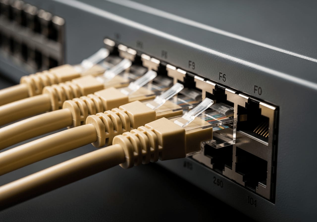 Klassische RJ45-Kupferkabel in einem Switch für das 10G Heimnetz