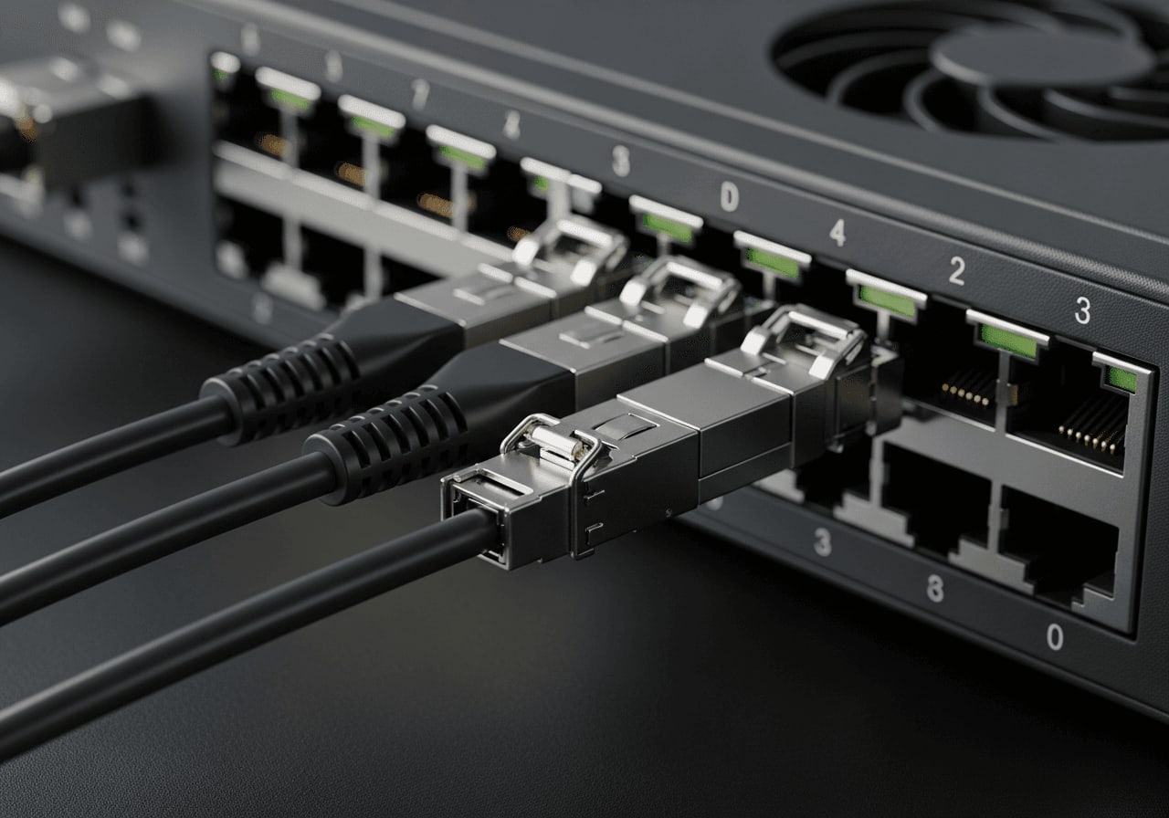 SFP+ DAC-Kabel mit Metallsteckern in einem lüfterlosen Managed Switch