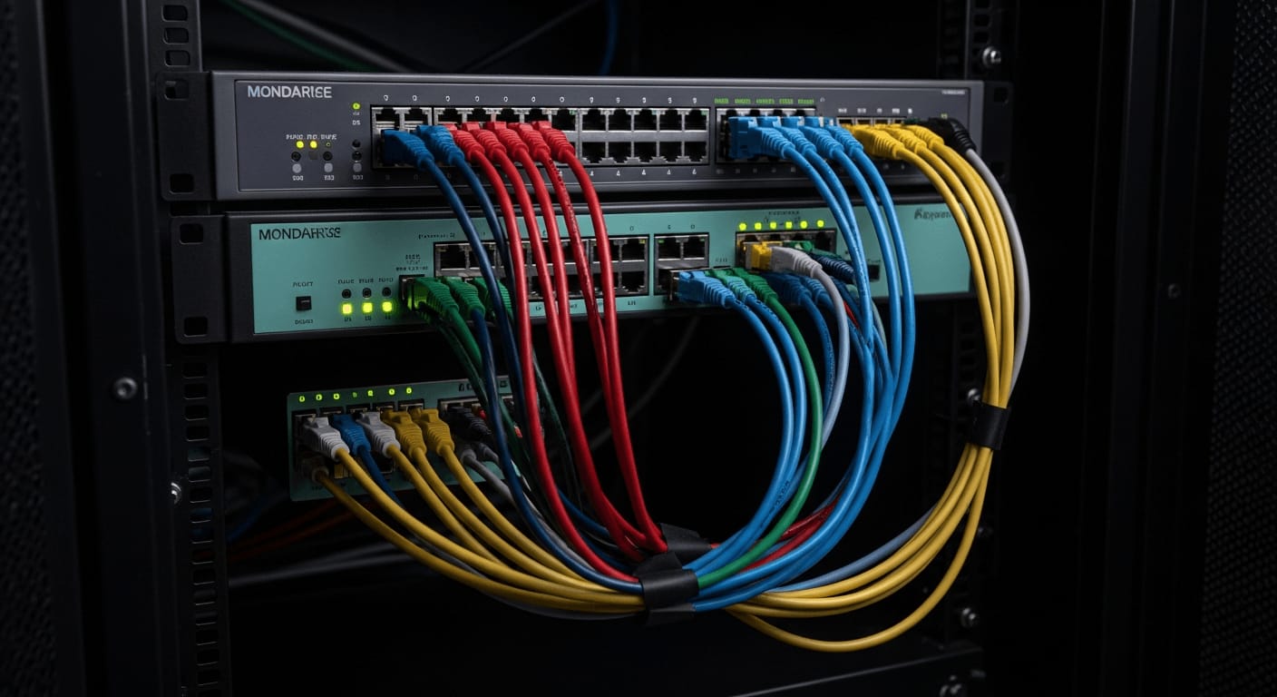 Managed Switch in einem 10G Heimnetzwerk Rack mit ordentlichem Kabelmanagement und leuchtenden Ports