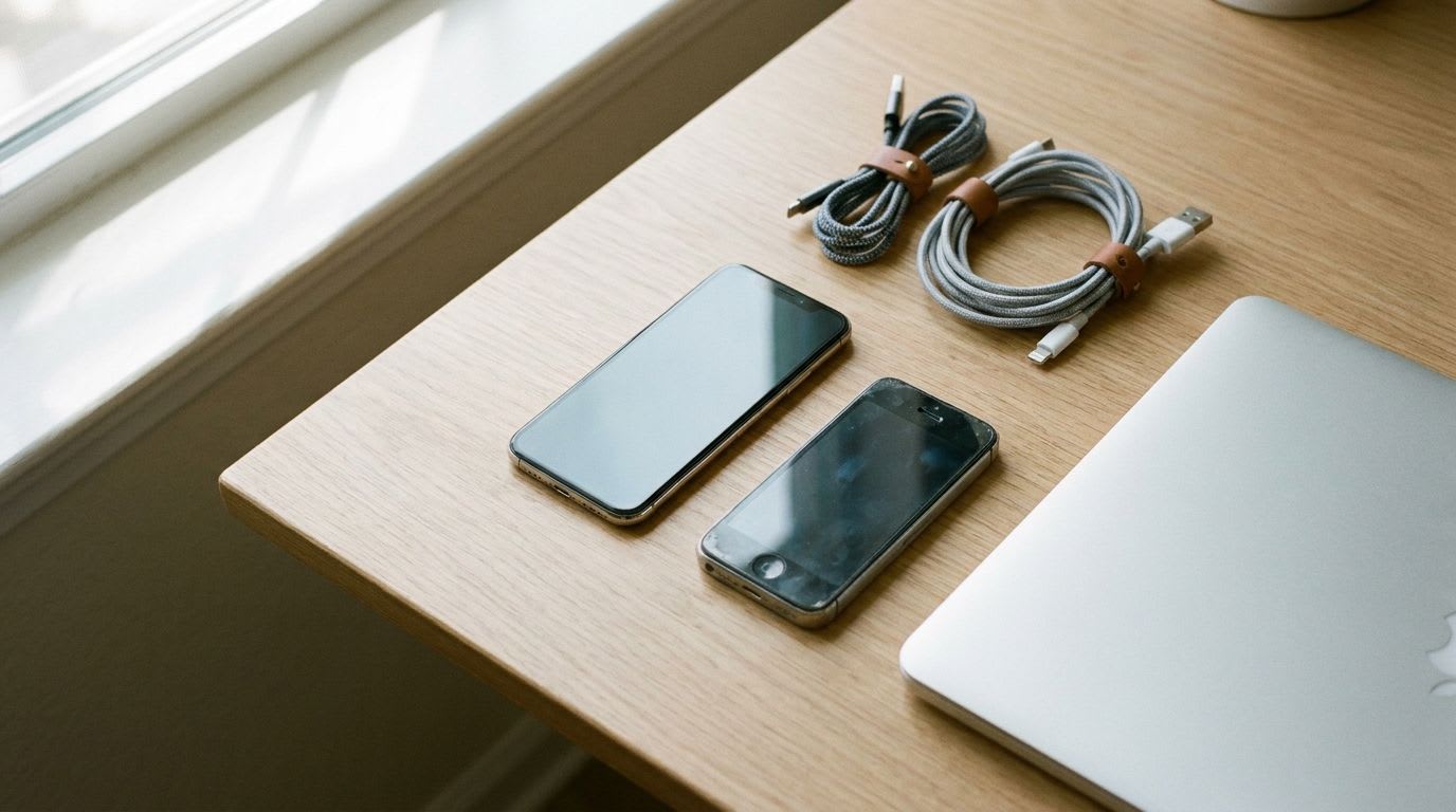 Ein neues Smartphone einrichten: Arbeitsplatz mit zwei Handys, Laptop und Kabeln zur Datenübertragung in einer Aufsicht von oben.