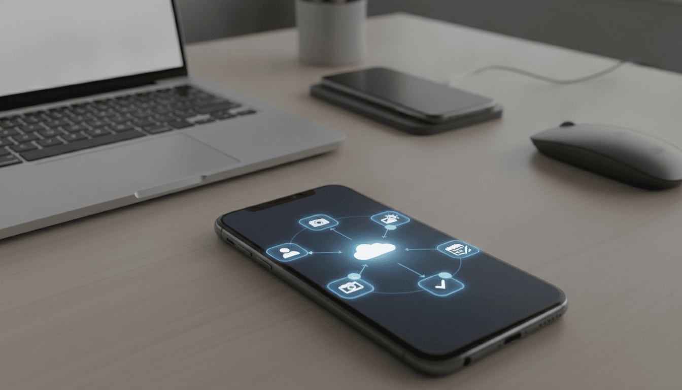 Datenübertragung von iOS zu Android: Ein Smartphone zeigt die Auswahl von Kontakten und Fotos für ein Cloud-Backup vor dem Wechsel.