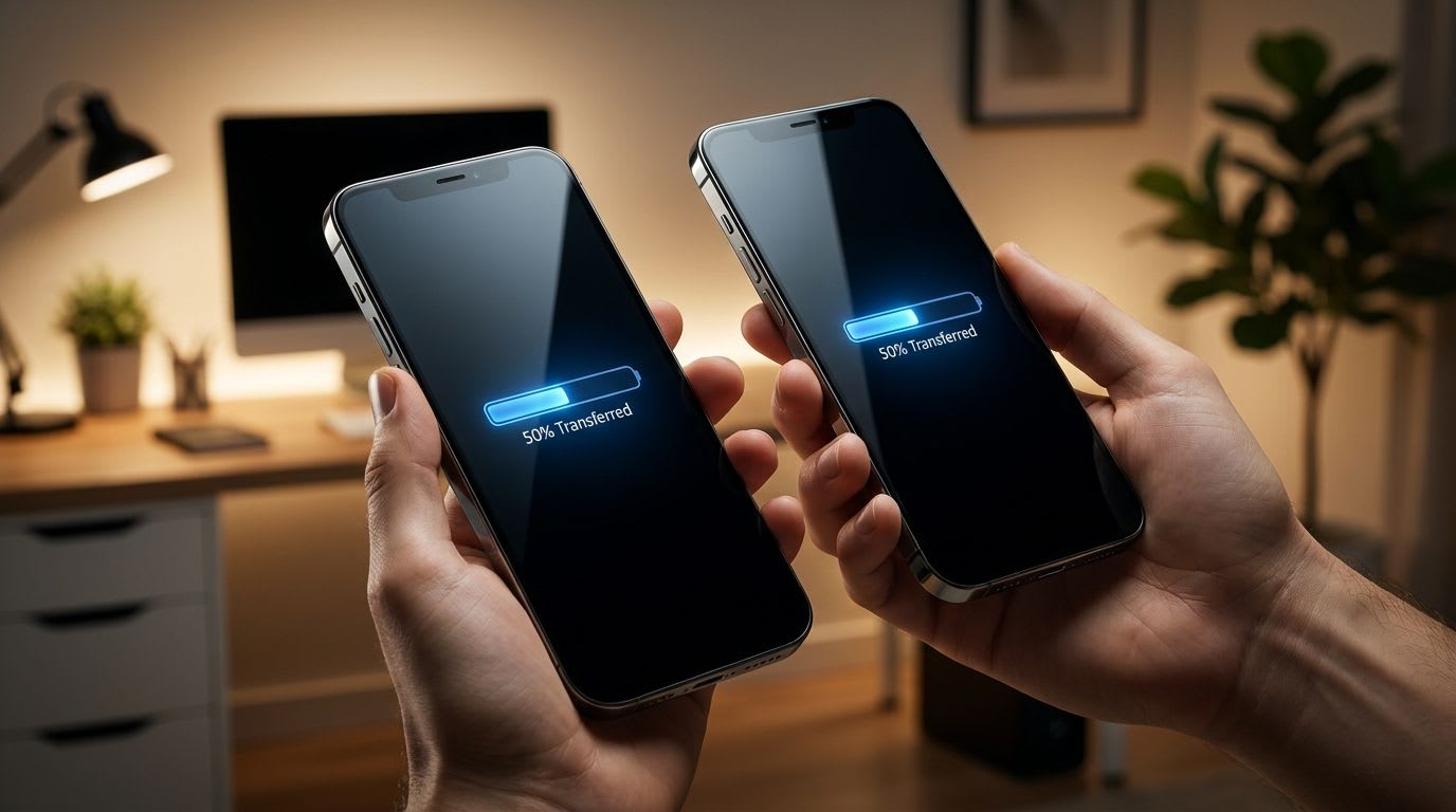 Neues Smartphone einrichten und Daten übertragen: Zwei moderne Smartphones werden gehalten, während eine Fortschrittsanzeige den Transfer von Kontakten und Fotos anzeigt.