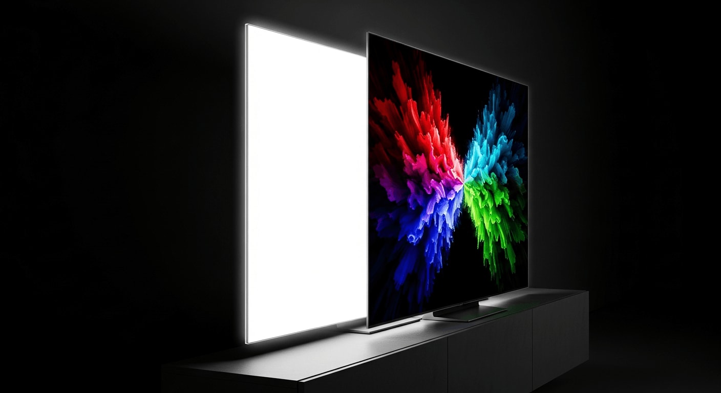 OLED vs. QD-OLED 2026 Panel-Vergleich: Zwei extrem flache Premium-Fernseher leuchten in einem abgedunkelten Raum.