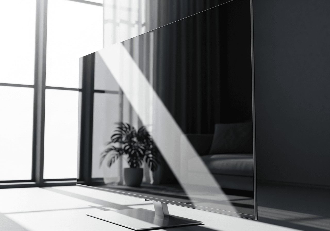 QD-OLED 2026 Schwächen: Ein moderner Gaming-Fernseher in einem hellen Wohnzimmer mit starken Spiegelungen auf dem Display.