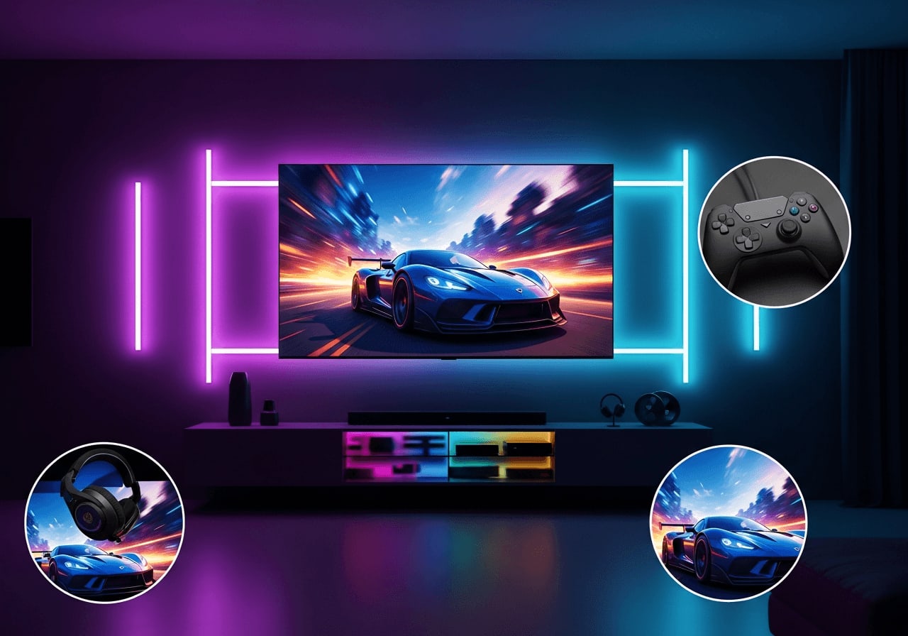 OLED vs. QD-OLED 2026 Stärken: Ein Gaming-TV mit intensiven Farben und RGB-Hintergrundbeleuchtung im dunklen Raum.