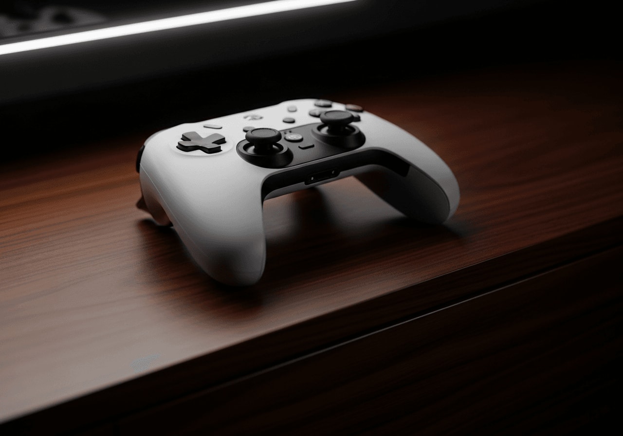 Die besten Fernseher für Gamer: Ein moderner Wireless-Controller auf einem TV-Board vor einem leuchtenden Bildschirm.