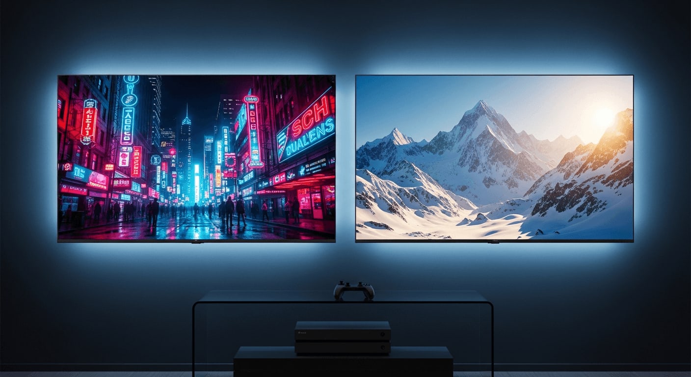 OLED vs. QD-OLED 2026: Zwei Premium-Gaming-TVs im direkten Vergleich nebeneinander in einem dunklen Wohnzimmer.