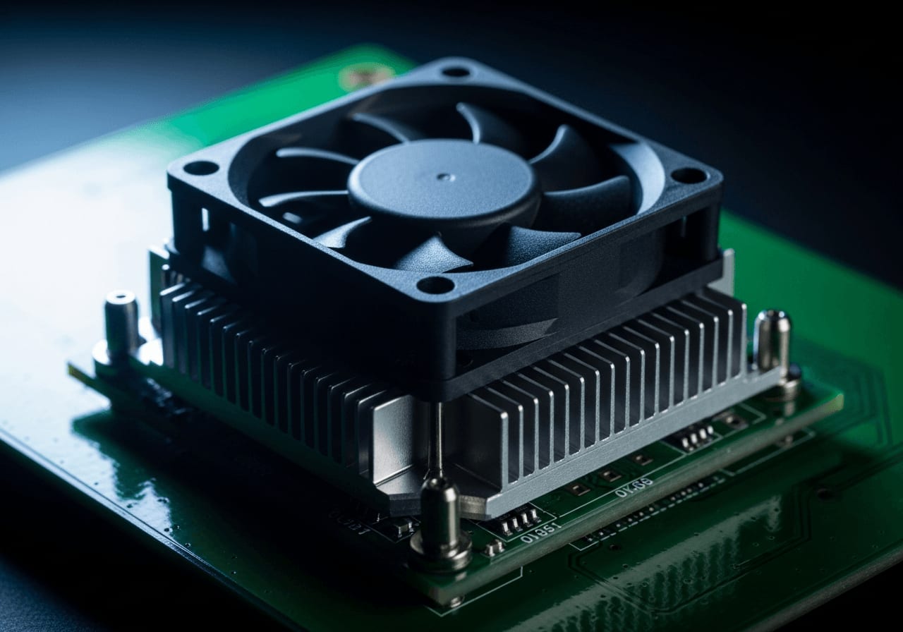 Der offizielle aktive Kühler auf dem Raspberry Pi 5, essenziell für die Temperaturkontrolle bei der Objekterkennung.