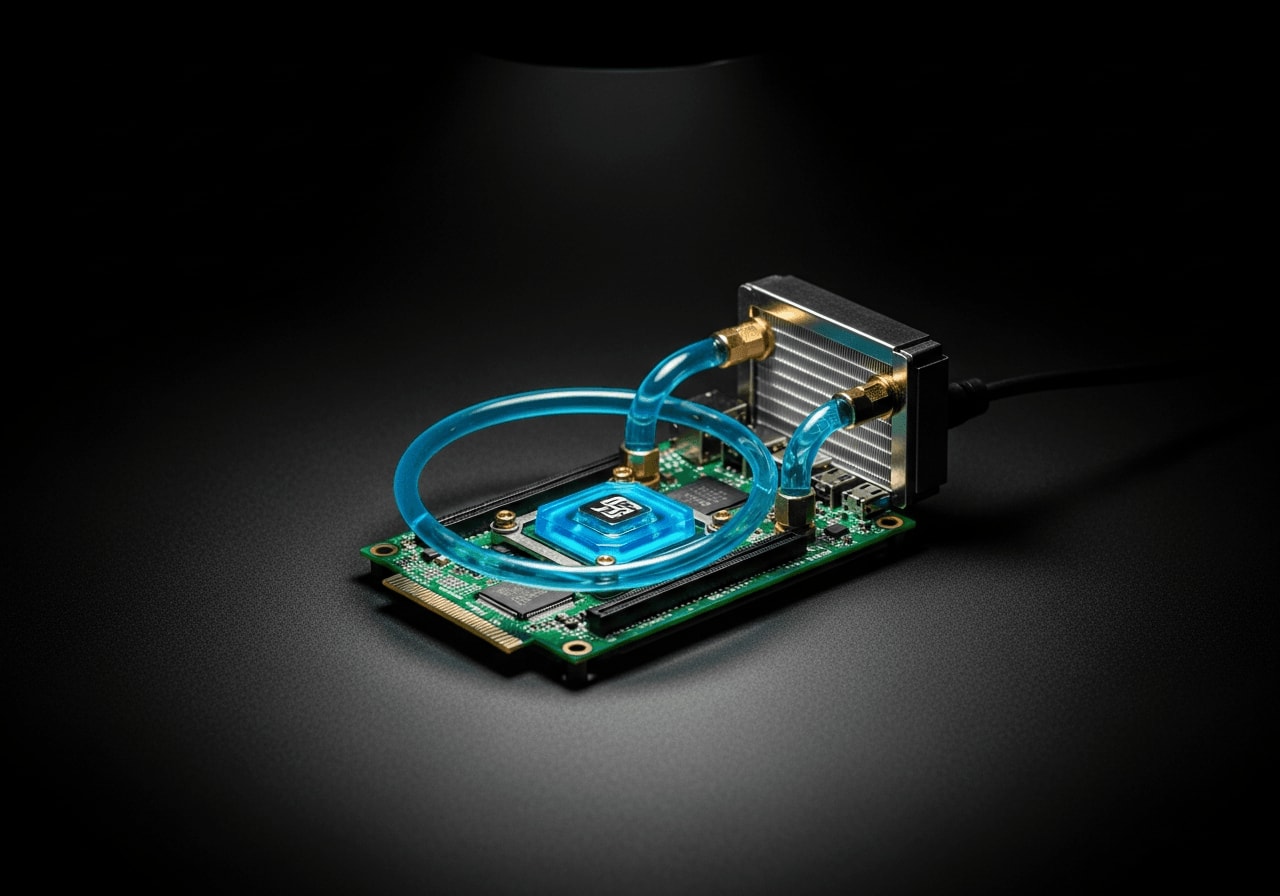 Experimentelles Wasserkühlungs-Setup für das Raspberry Pi 5 AI Kit bei extremen Maker-Projekten.