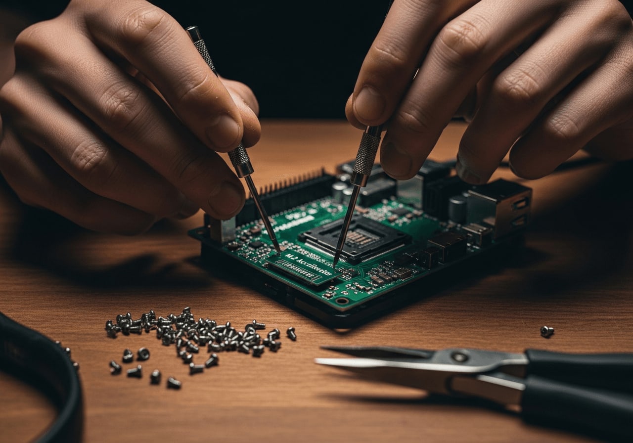 Installation des Hailo-8 M.2 Moduls auf dem Raspberry Pi 5 mit einem Schraubendreher für Maker-Projekte.