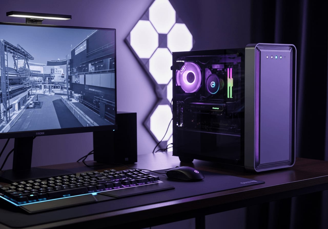 Leistungsstarker Mini-PC als Desktop-Ersatz mit Gaming-Tastatur auf einem aufgeräumten Schreibtisch