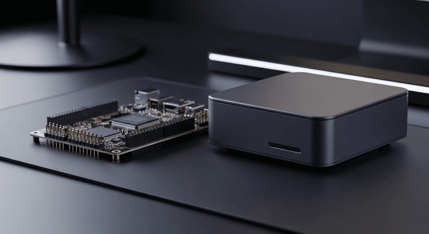 Raspberry Pi 5 und Mini-PC nebeneinander auf einem modernen Schreibtisch im Technik-Vergleich