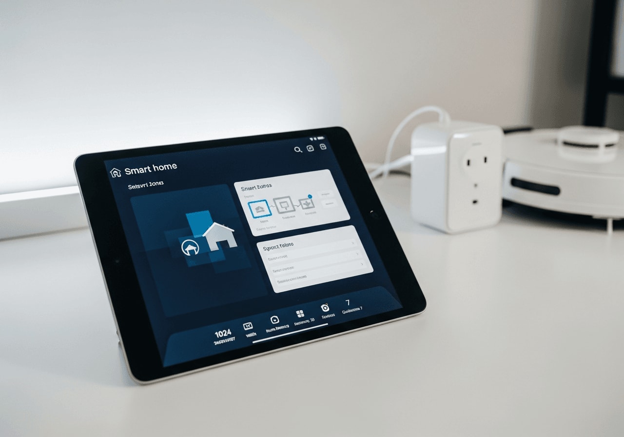 Tablet mit Smart-Home-Dashboard zur Trennung von IoT-Geräten im Gastnetz für bessere Router Sicherheit.