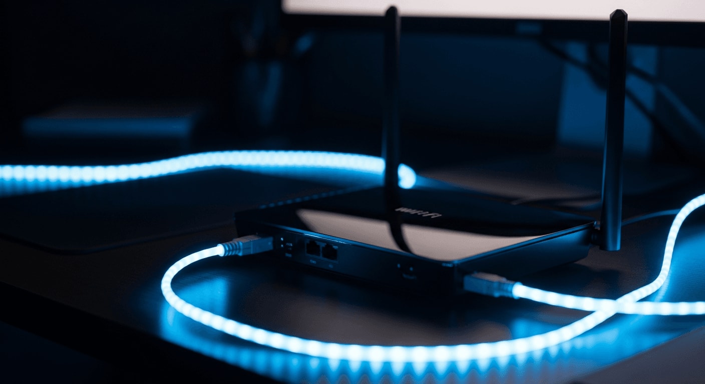 Router Sicherheit einstellen Anleitung 2026: Router mit leuchtenden blauen Netzwerkkabeln auf einem Tech-Schreibtisch.