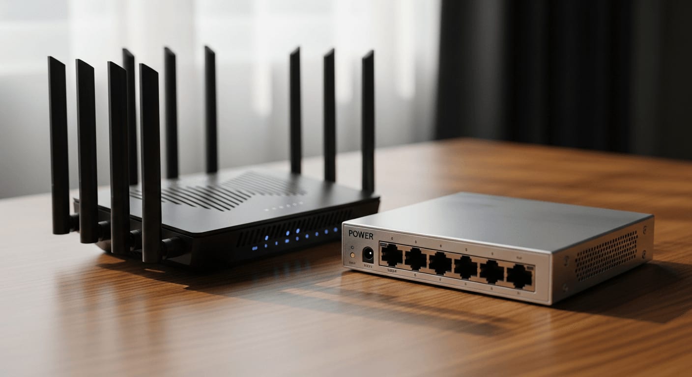 Router vs. Switch Grundlagen: Ein WLAN-Router mit Antennen links und ein kompakter 8-Port Switch rechts auf einem Holztisch.