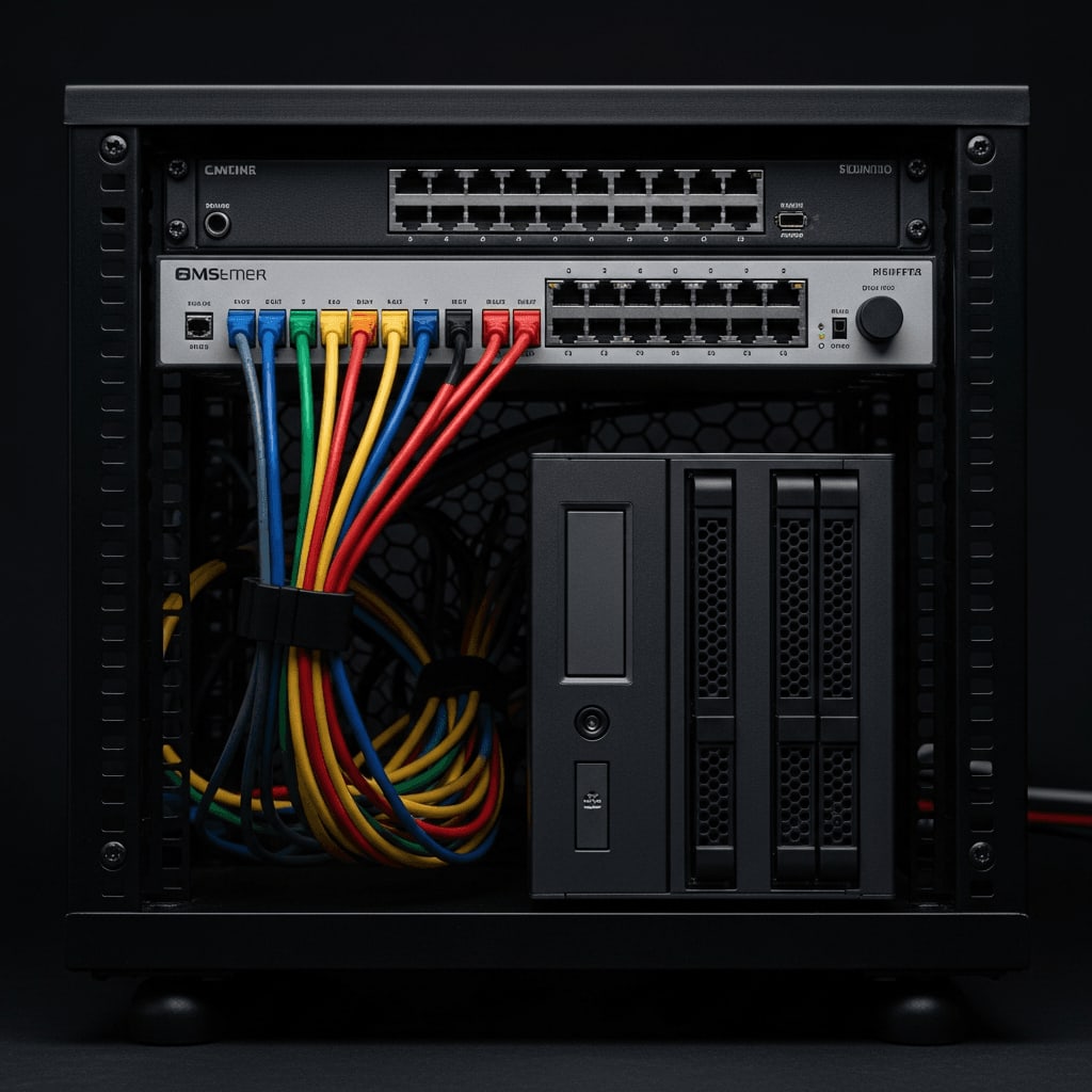 Router vs. Switch für NAS: Ein Heimserver-Rack mit einem 24-Port Switch und einem Netzwerkspeicher mit ordentlichem Kabelmanagement.