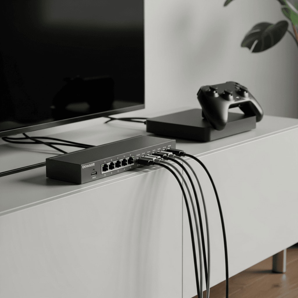 Router vs. Switch im Wohnzimmer: Ein kompakter 8-Port Switch auf einem TV-Board, verbunden mit Spielekonsole und Smart-TV.