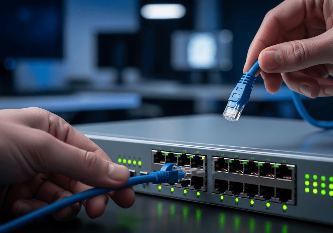 Switch als Daten-Mehrfachsteckdose: Eine Hand steckt ein blaues Ethernet-Kabel in einen voll belegten 16-Port Netzwerk-Switch.