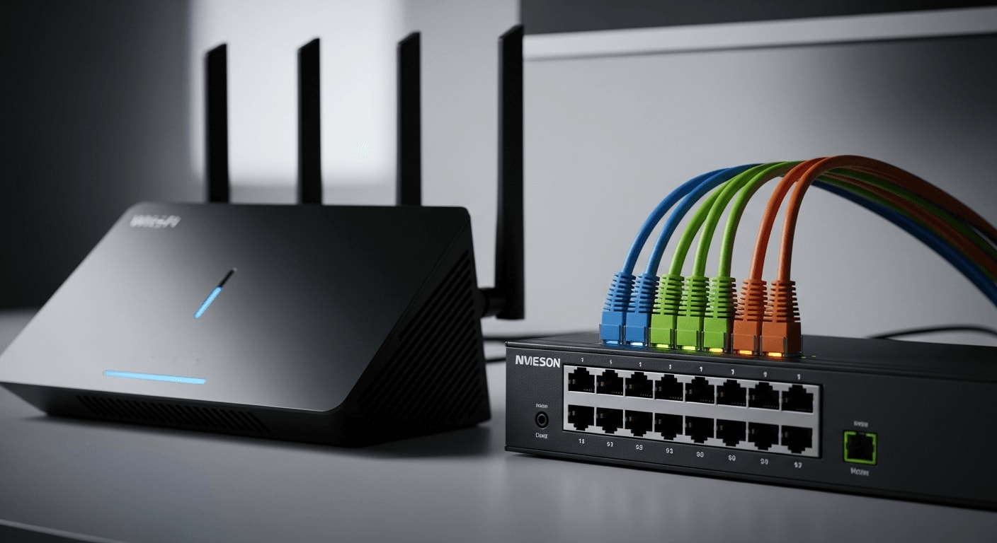 Router vs. Switch im Heimnetzwerk: Detailaufnahme eines WLAN-Routers und eines Netzwerk-Switches nebeneinander im modernen Home-Office.