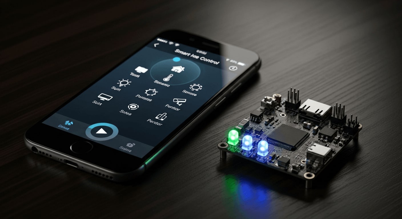 Smartphone mit Smart Home Dashboard neben einem Mini-Server auf dem Schreibtisch bei der Matter-Integration.