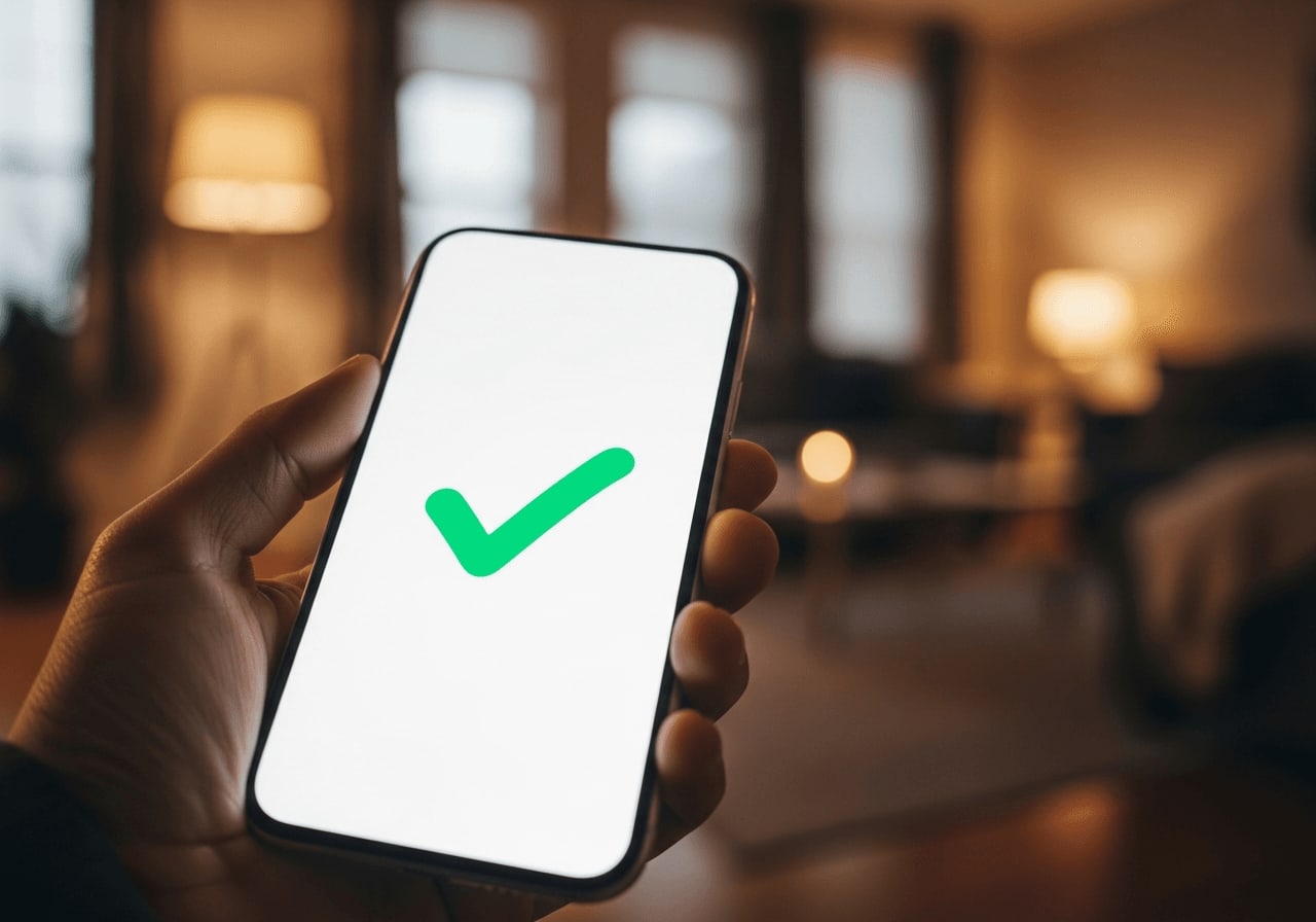 Smartphone in der Hand zeigt einen grünen Haken nach erfolgreichem Matter-Pairing im Home Assistant Netzwerk.
