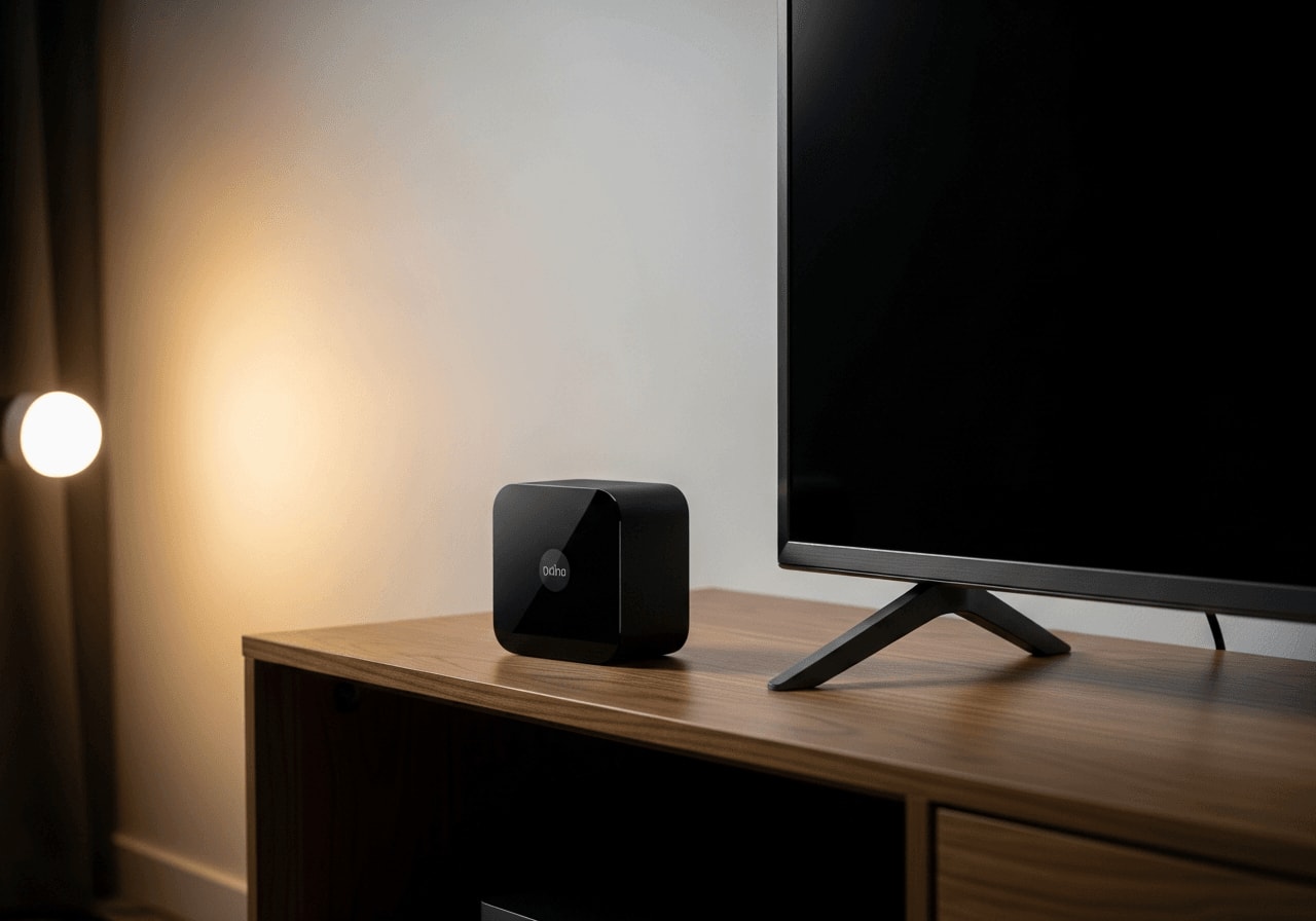 Schwarze Streaming-Box als Thread Border Router neben einem Fernseher für die reibungslose Matter-Integration.