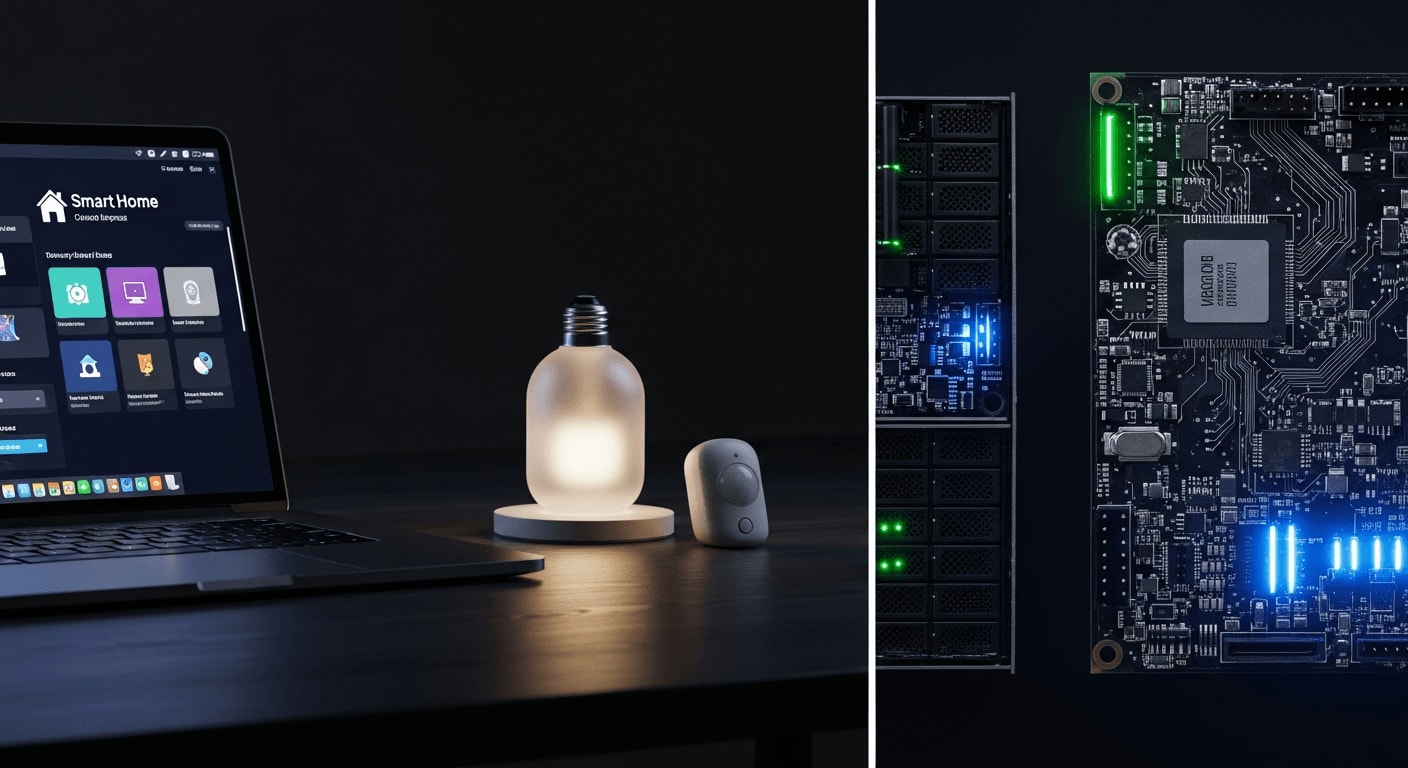 Matter-Integration in Home Assistant meistern: Tech-Workspace mit Laptop, Mini-Server und Smart-Home-Gadgets.