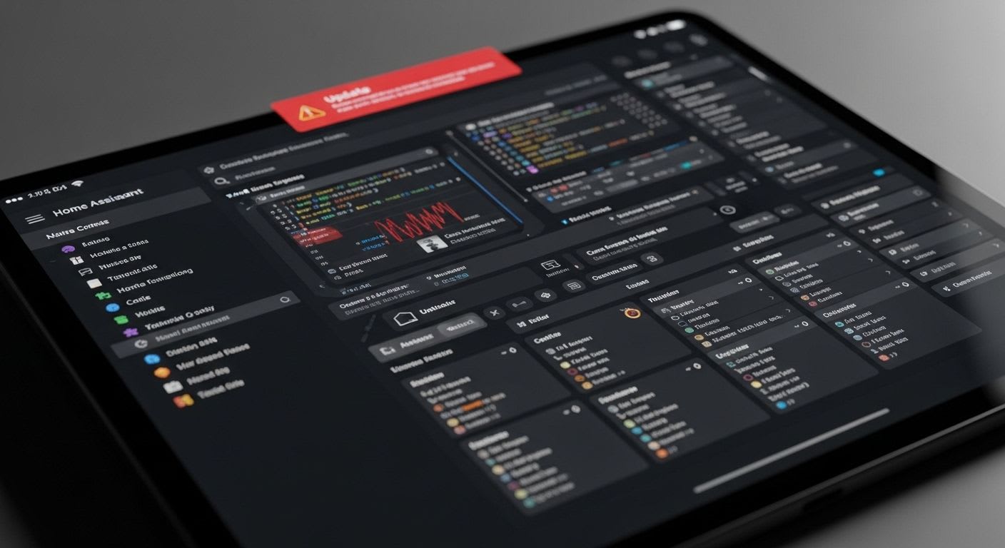 Tablet mit einem Home-Assistant-Dashboard, das Geräte, Verlaufsdiagramme und einen Update-Hinweis anzeigt.