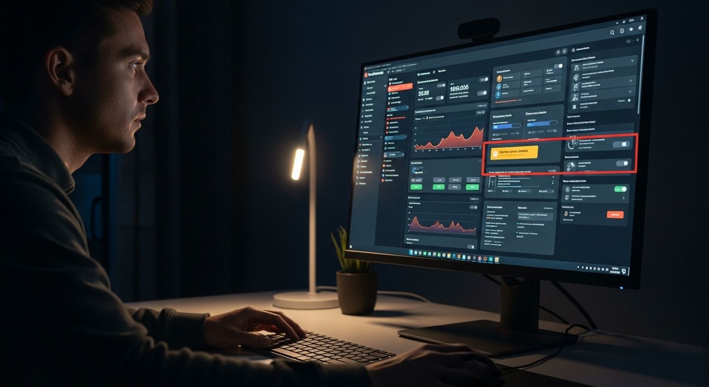 Mann sitzt abends vor einem Monitor mit einem Smart-Home-Dashboard und prüft Geräte und Automationen.