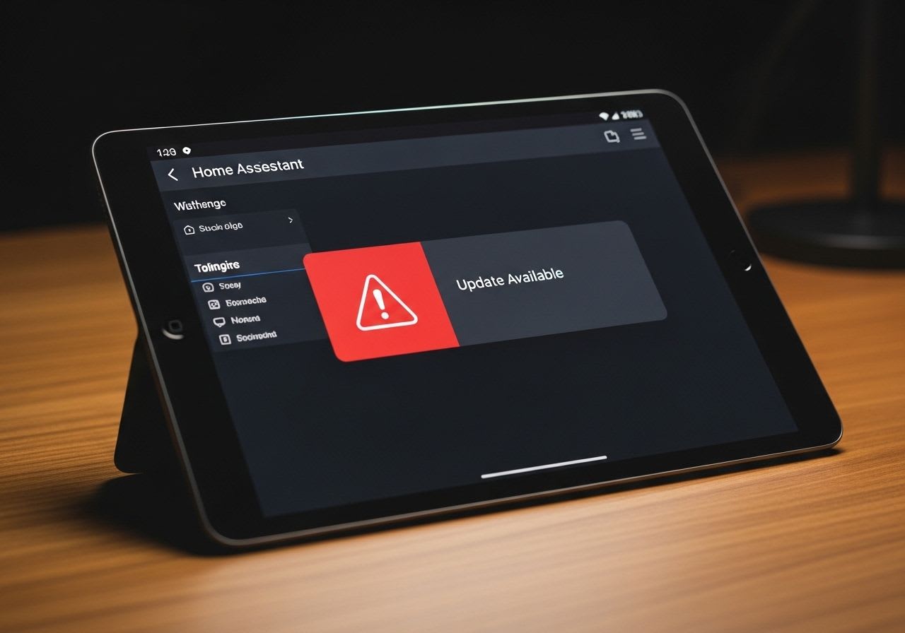 Tablet auf einem Holztisch zeigt in der Home-Assistant-Oberfläche den Hinweis, dass ein Update verfügbar ist.