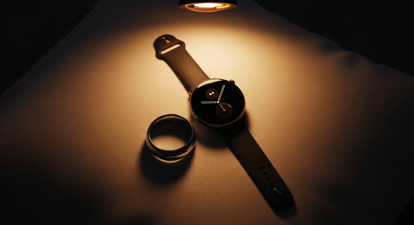 Draufsicht auf einen Smart Ring und eine Smartwatch auf einem weichen Kissen, die ihr schlankes Design und ihre Schlafüberwachungsfunktionen hervorhebt, warme Farbgebung