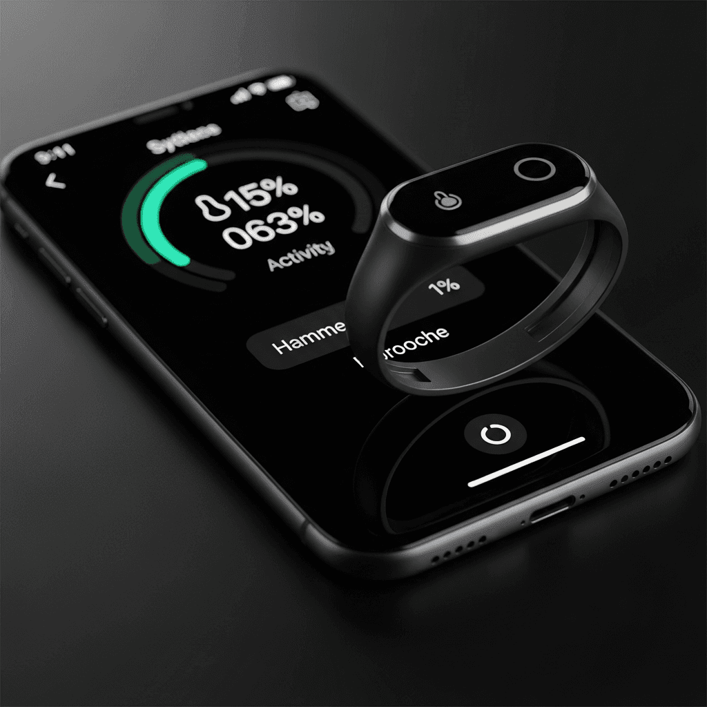 Nahaufnahme eines Smart Rings, der Temperatur- und Aktivitätsverfolgungsdaten in einer Smartphone-App anzeigt, verschwommener Hintergrund