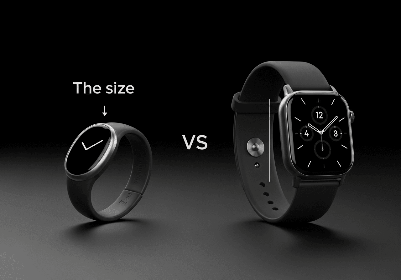 Grafische Darstellung, die die Größe und das Design eines Smart Rings und einer Smartwatch vergleicht und ihre unterschiedlichen Formfaktoren hervorhebt, minimalistischer Stil