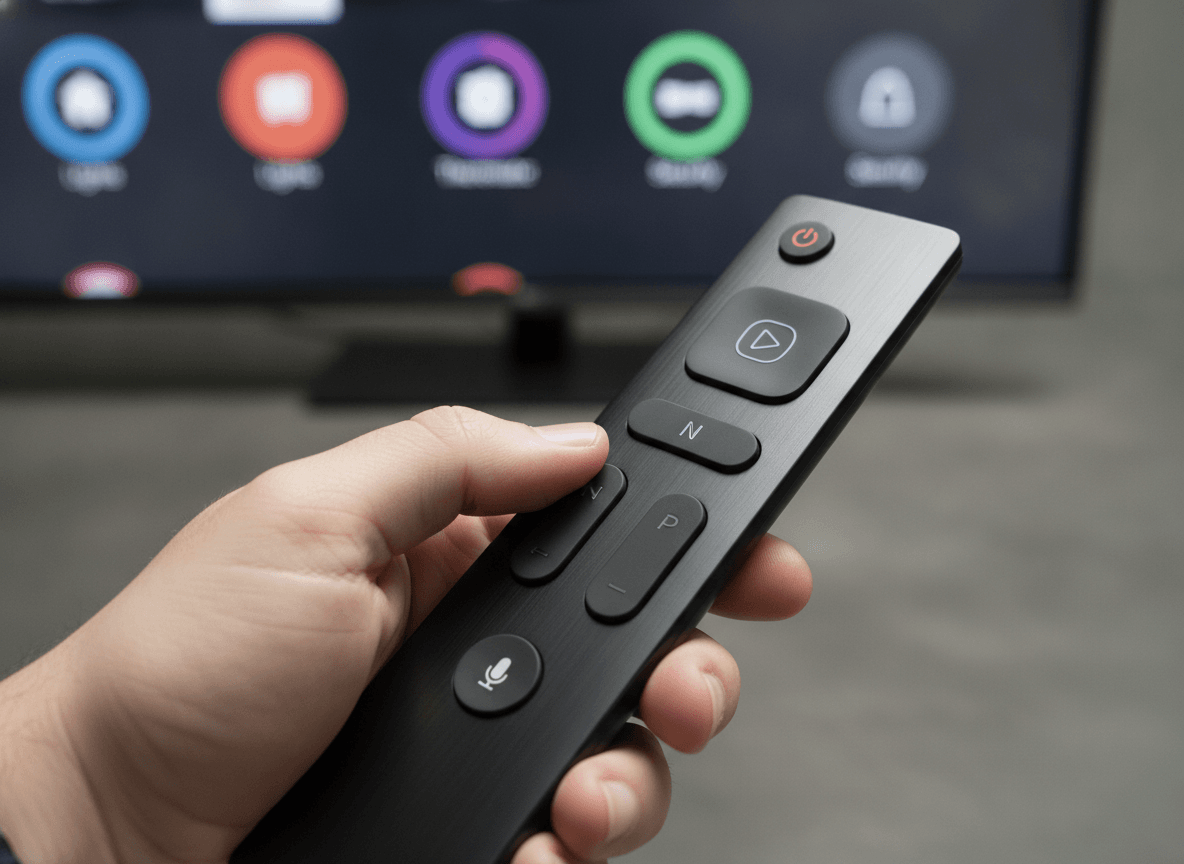Nahaufnahme einer Smart TV Fernbedienung mit Streaming-Tasten, ein wichtiges Feature in der Smart TV Kaufberatung.