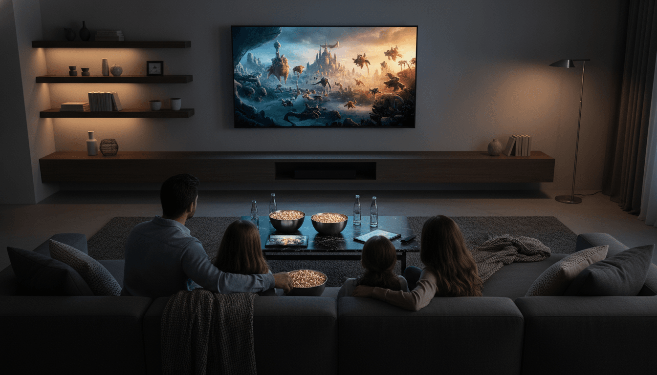 Eine Familie genießt einen Filmabend, das Ergebnis einer erfolgreichen Smart TV Kaufberatung für Home Entertainment.