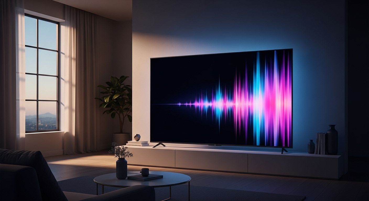 Ein moderner Fernseher nach dem erfolgreichen Smart-TV einrichten an einer Wohnzimmerwand mit stimmungsvoller Beleuchtung.