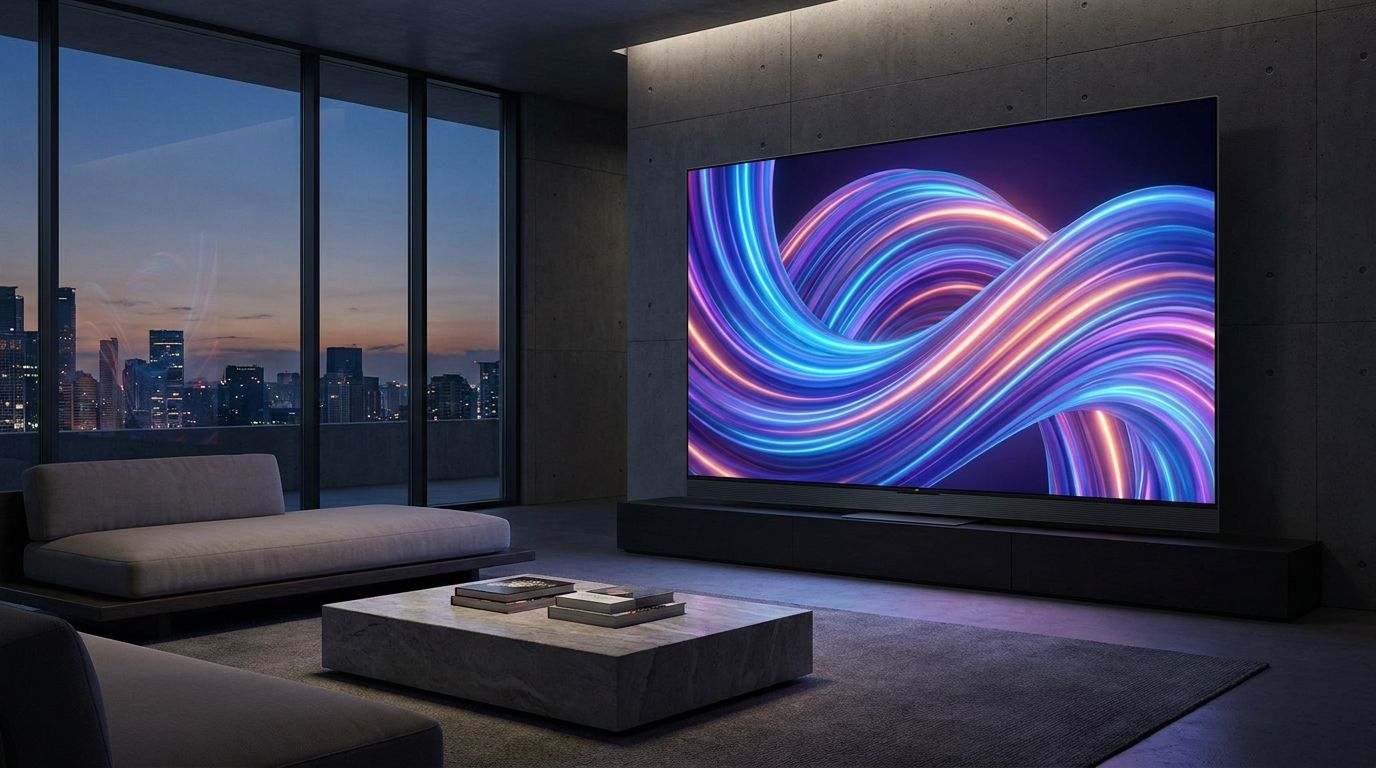 Atmosphärischer, rahmenloser Fernseher in einem modernen Wohnzimmer, das Leitbild für die Smart TV Kaufberatung 2026.