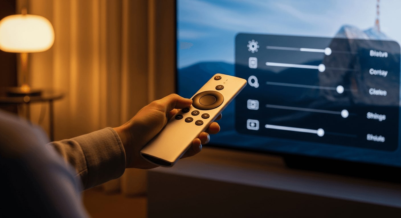 Person nutzt Fernbedienung zur Smart TV Kalibrierung der Bildeinstellungen am OLED-TV im Wohnzimmer