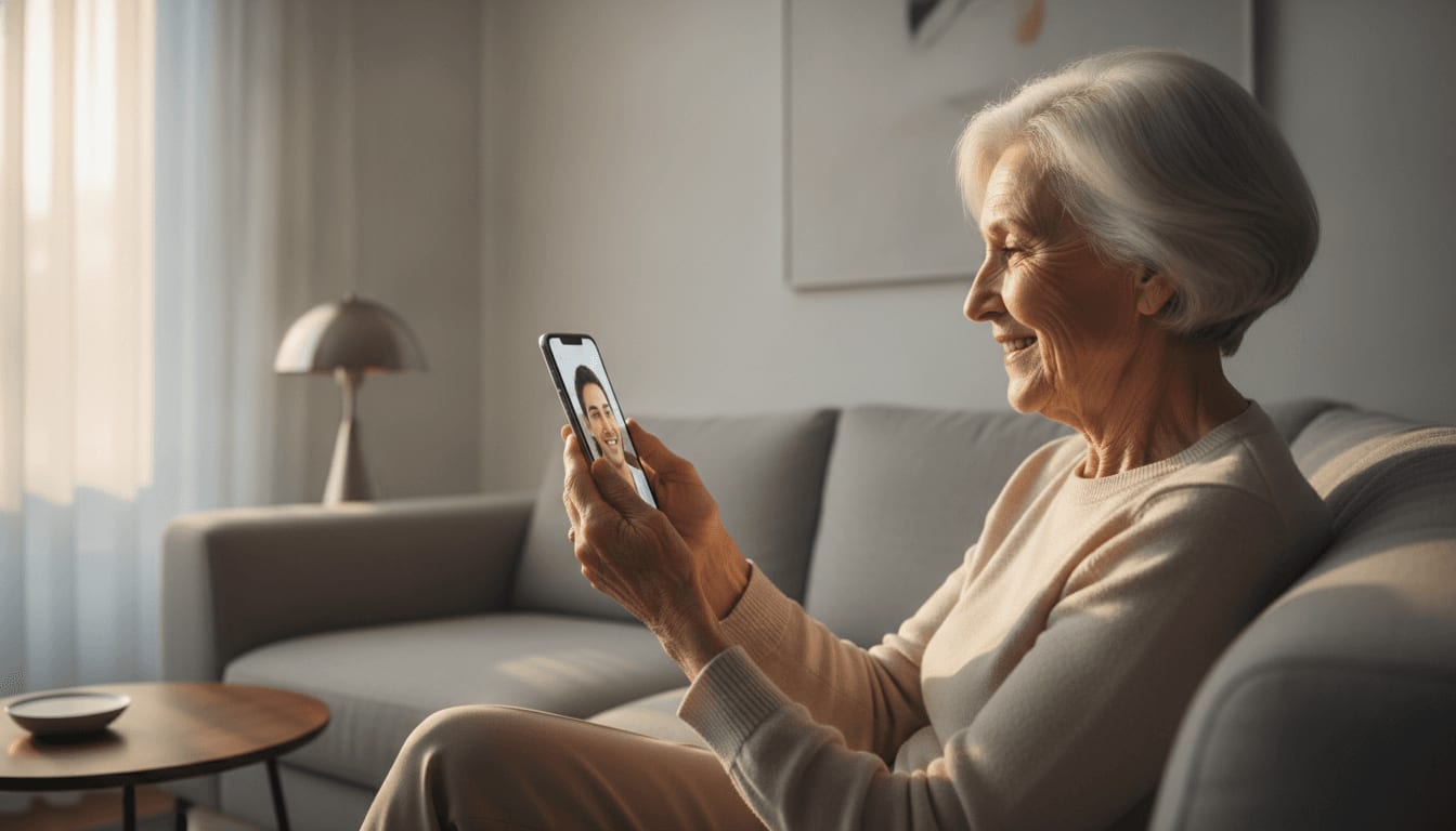 Eine Seniorin nutzt ihr einfach eingerichtetes Smartphone für einen Videocall mit der Familie und zeigt die Freude an unkomplizierter Kommunikation.