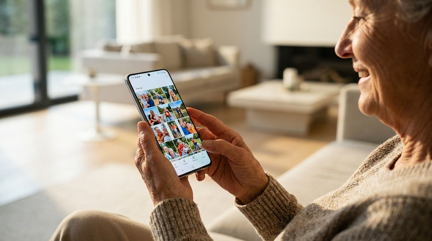 Ein Leitfaden, wie man ein Smartphone für Senioren einrichtet, zeigt eine ältere Person, die glücklich ihr einfach bedienbares Gerät nutzt.