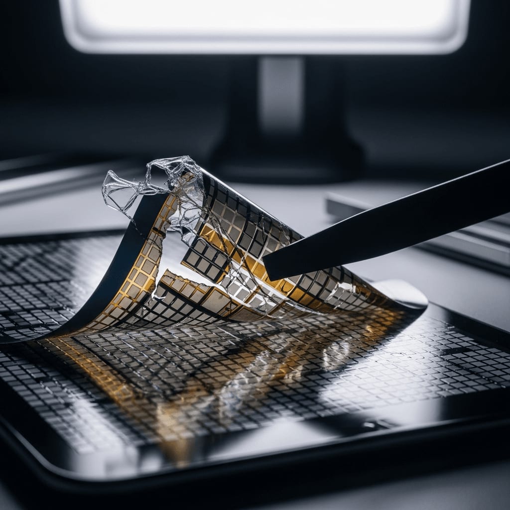 Anatomie eines Schadens am Foldable: Vorsichtiges Anheben der defekten OLED-Schicht mit Spezialwerkzeug