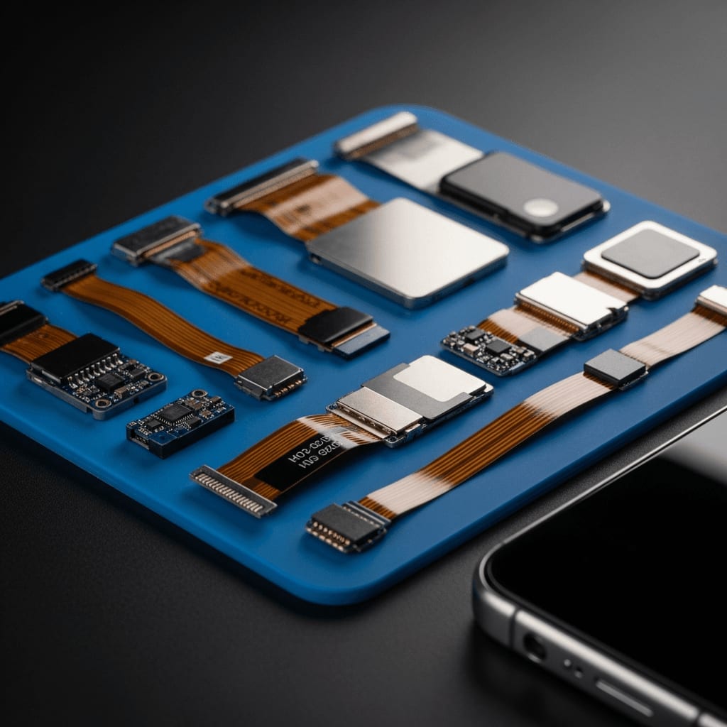 Ersatzteile für Foldables: Teure elektronische Bauteile und Flachbandkabel auf einer blauen Reparaturmatte