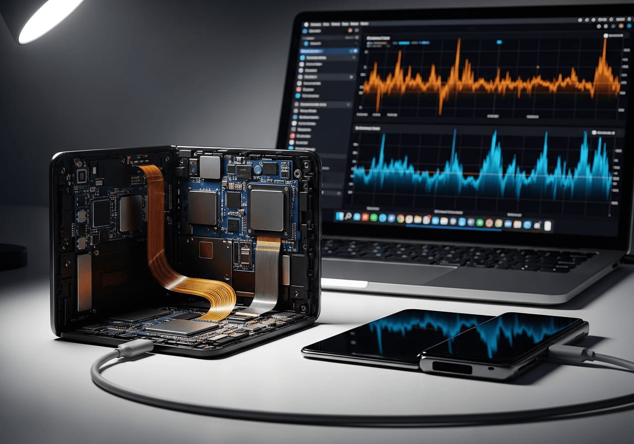 Lange Wartezeiten bei der Smartphone-Reparatur: Ein Foldable wird über eine spezielle Software am Laptop neu kalibriert